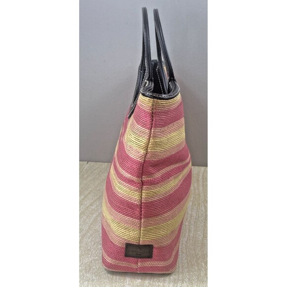 Anne Klein 2 Medium Pink & Yellow Striped Canvas Grab Handbag with Brown Trim - Picture 3 of 16